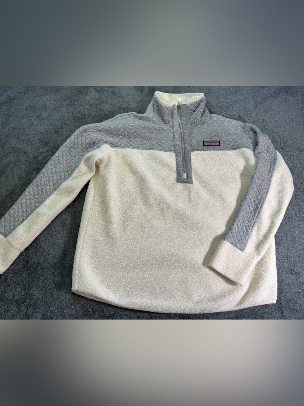 Vineyard Vines Classic Two-Tone Quarter-Zip Fleece Jacket- Cream & Light Gray M